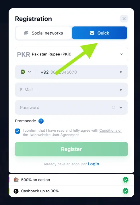 1win registration form through email + phone